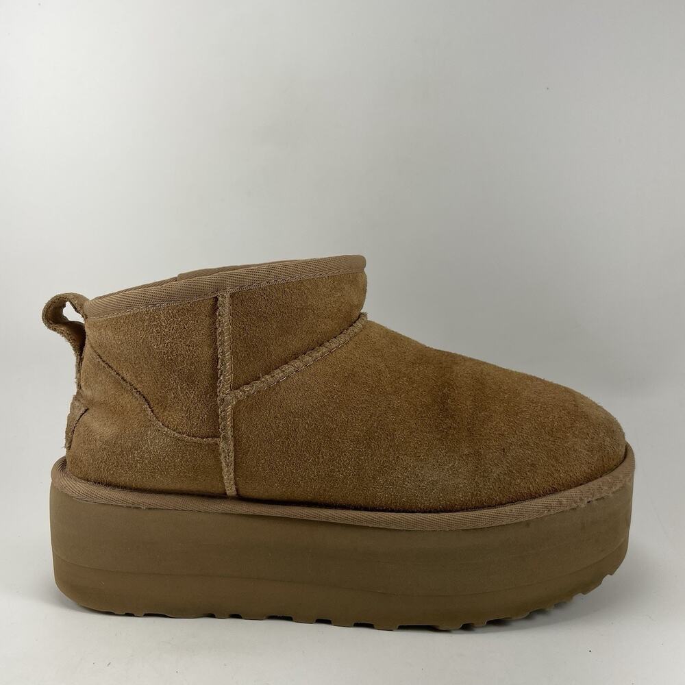 UGG Classic Ultra Mini Platform Boots Womens Size 8 Chestnut Suede Sheepskin